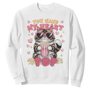 Funny Valentine's Day Sweatshirt You Make My Heart Pop Cute Cat Popcorn TS09 White Print Your Wear