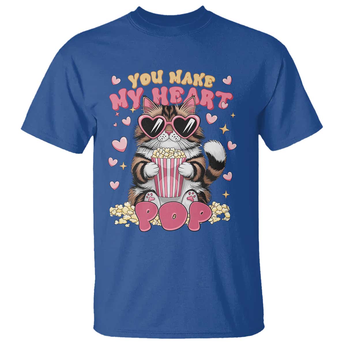 Funny Valentine's Day T Shirt You Make My Heart Pop Cute Cat Popcorn TS09 Royal Blue Print Your Wear