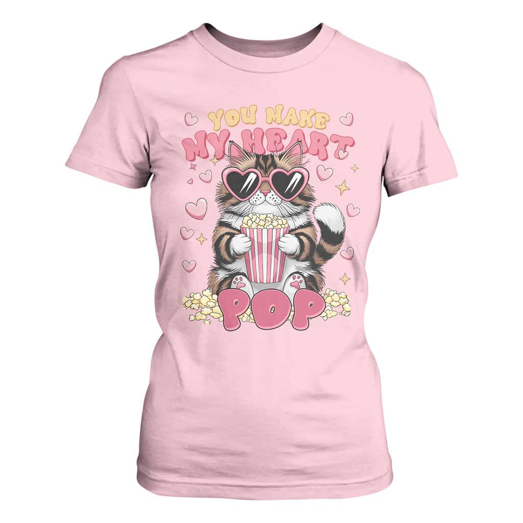Funny Valentine's Day T Shirt For Women You Make My Heart Pop Cute Cat Popcorn TS09 Light Pink Print Your Wear