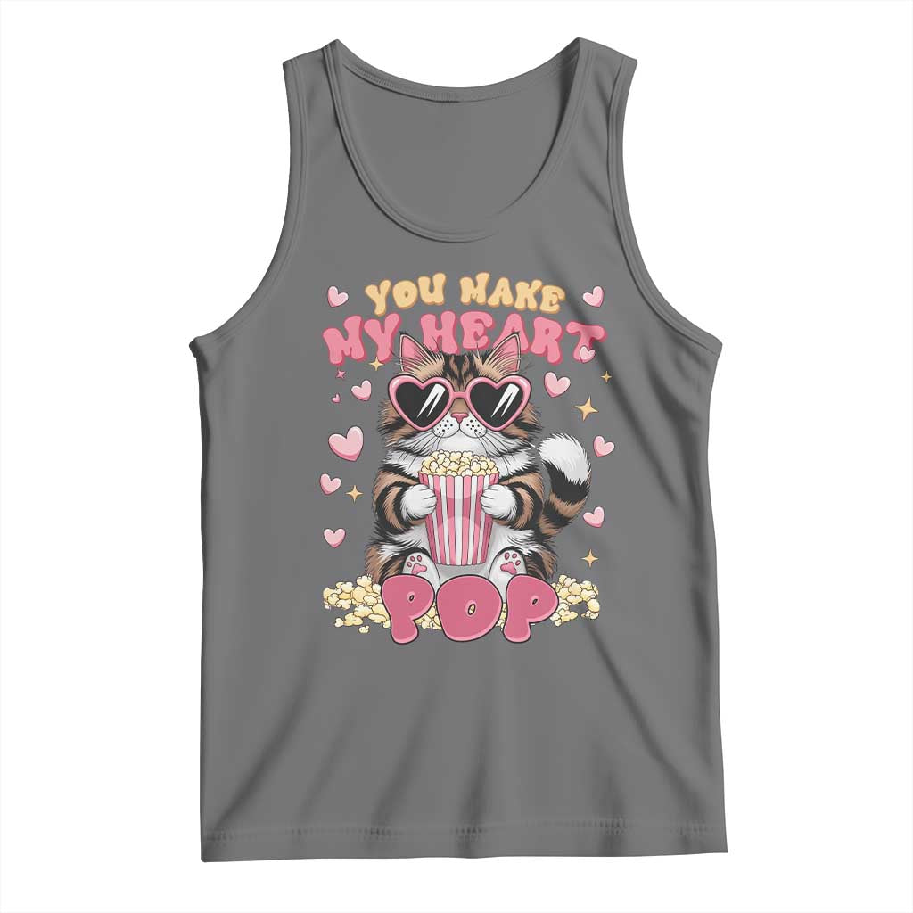 Funny Valentine's Day Tank Top You Make My Heart Pop Cute Cat Popcorn TS09 Black Heather Print Your Wear