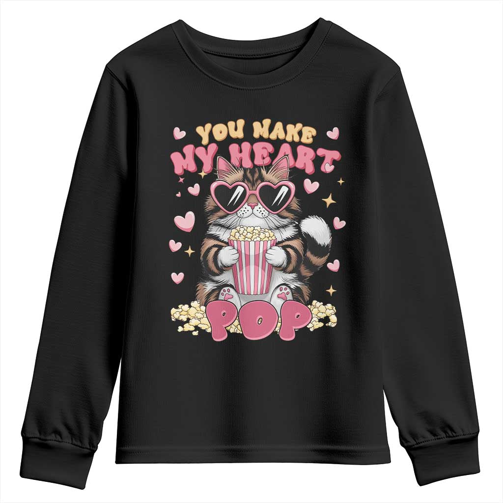 Funny Valentine's Day Youth Sweatshirt You Make My Heart Pop Cute Cat Popcorn TS09 Black Print Your Wear