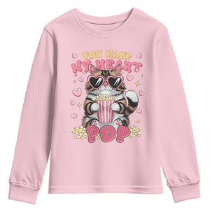 Funny Valentine's Day Youth Sweatshirt You Make My Heart Pop Cute Cat Popcorn TS09 Light Pink Print Your Wear