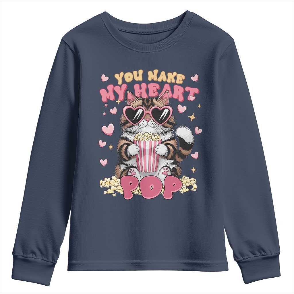 Funny Valentine's Day Youth Sweatshirt You Make My Heart Pop Cute Cat Popcorn TS09 Navy Print Your Wear