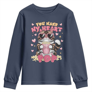 Funny Valentine's Day Youth Sweatshirt You Make My Heart Pop Cute Cat Popcorn TS09 Navy Print Your Wear