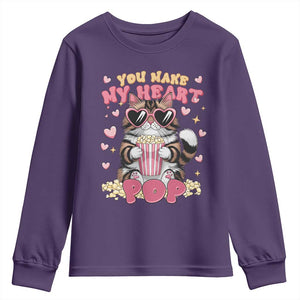 Funny Valentine's Day Youth Sweatshirt You Make My Heart Pop Cute Cat Popcorn TS09 Purple Print Your Wear