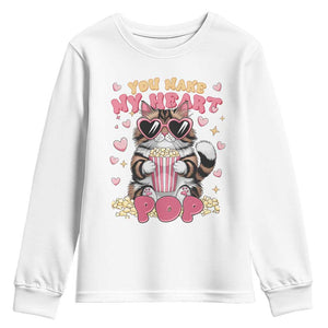 Funny Valentine's Day Youth Sweatshirt You Make My Heart Pop Cute Cat Popcorn TS09 White Print Your Wear