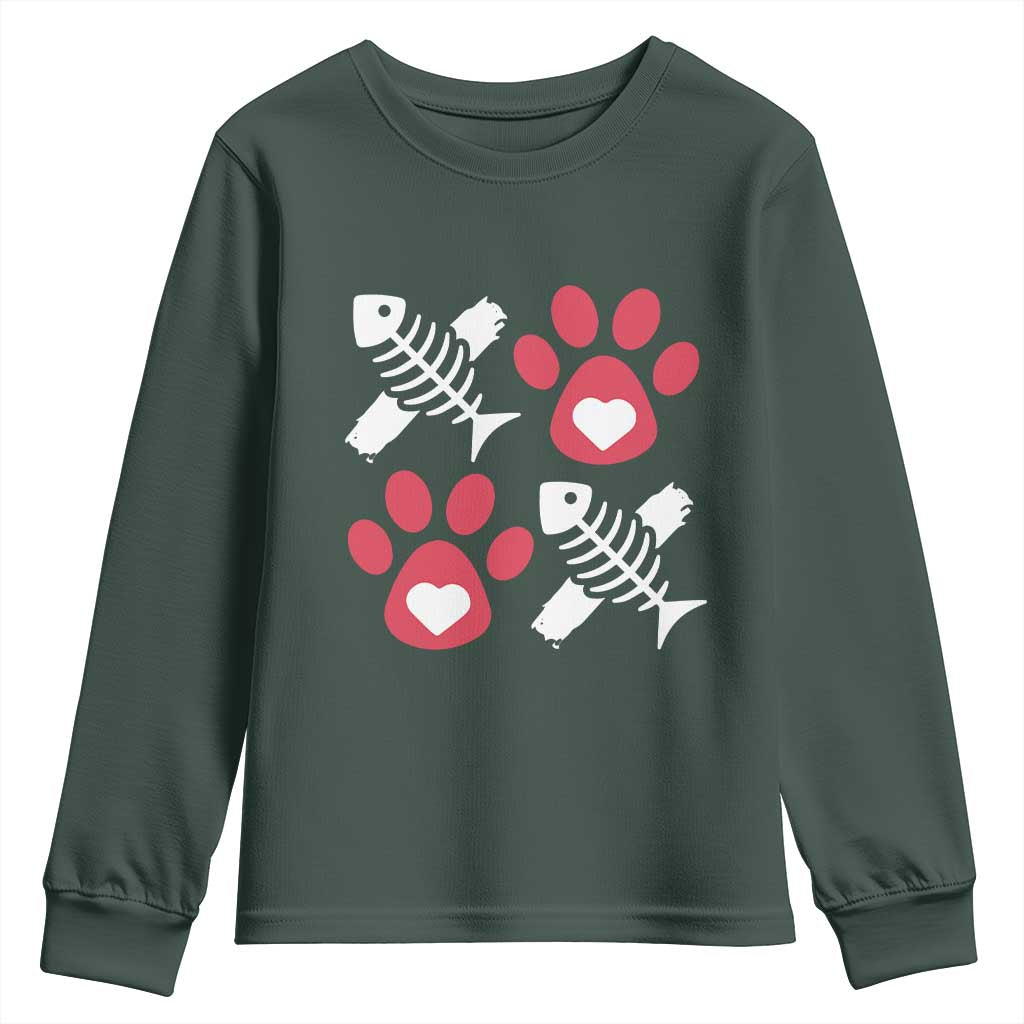 Valentine's Day Cat Lover Youth Sweatshirt Cute Kitten Paw XO TS09 Dark Forest Green Print Your Wear