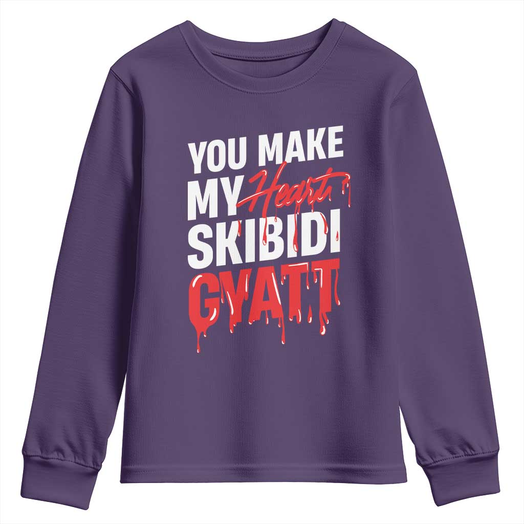 Funny Meme Valentine's Day Youth Sweatshirt You Make My Heart Skibidi Gyatt TS09 Purple Print Your Wear