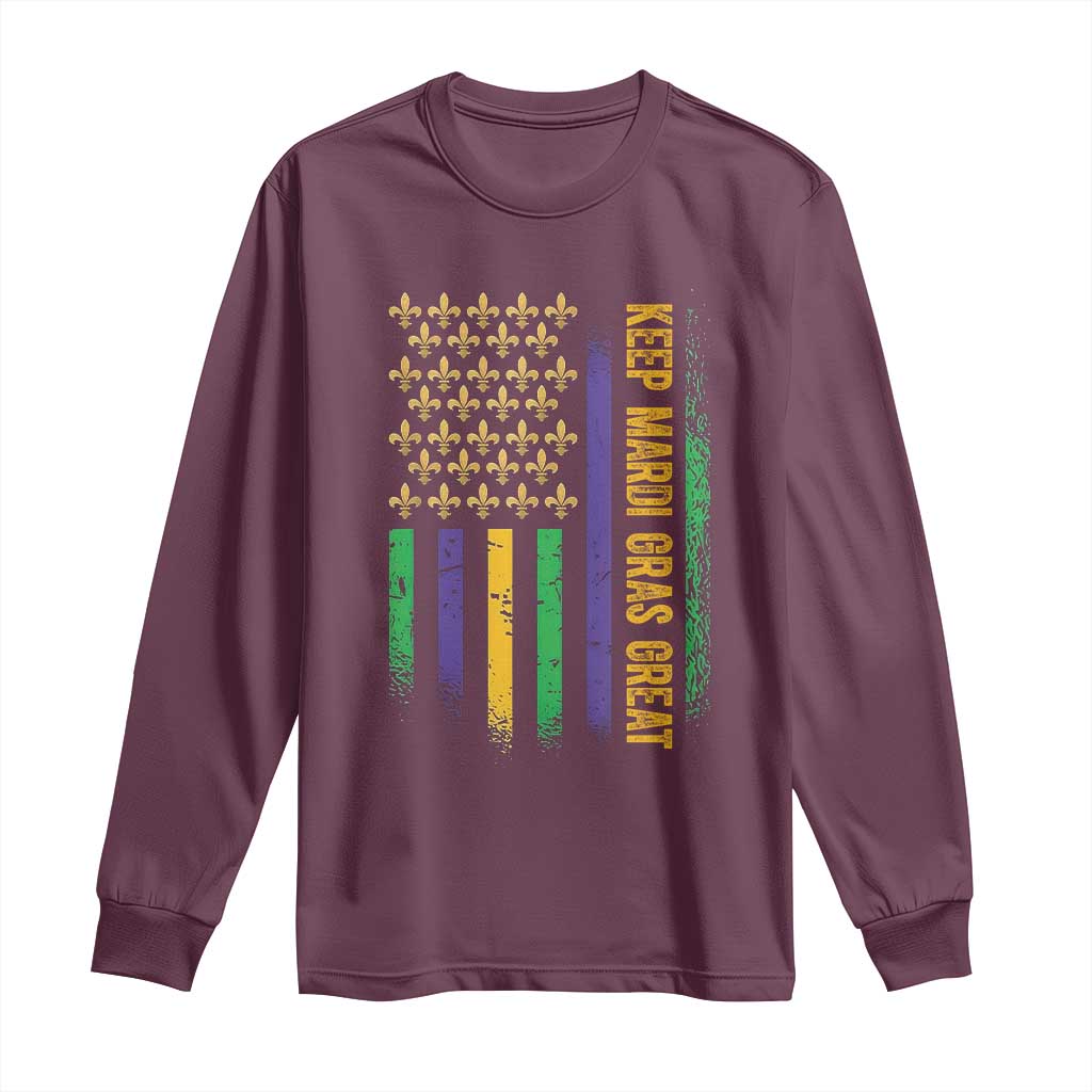 Keep Mardi Gras Great Long Sleeve Shirt American Flag Fleur De Lis TS09 Maroon Print Your Wear