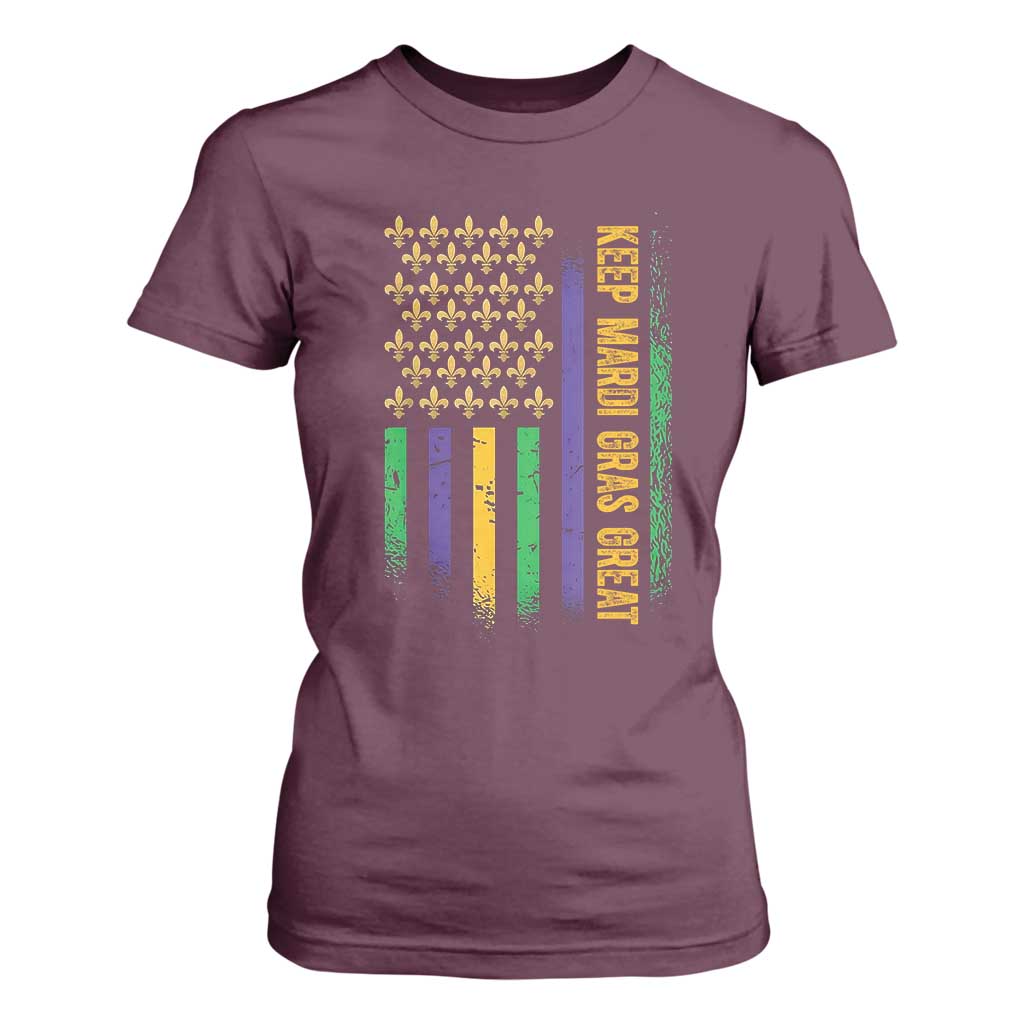 Keep Mardi Gras Great T Shirt For Women American Flag Fleur De Lis TS09 Maroon Print Your Wear
