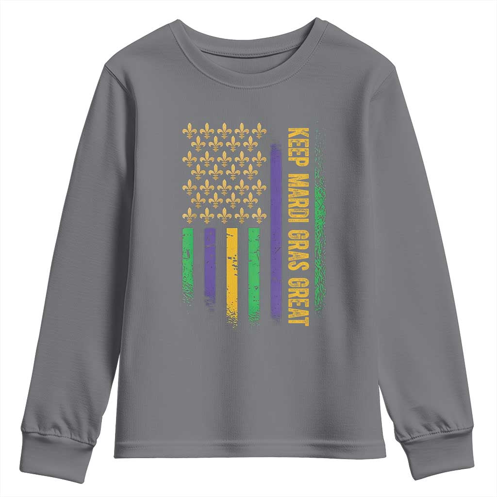 Keep Mardi Gras Great Youth Sweatshirt American Flag Fleur De Lis TS09 Charcoal Print Your Wear