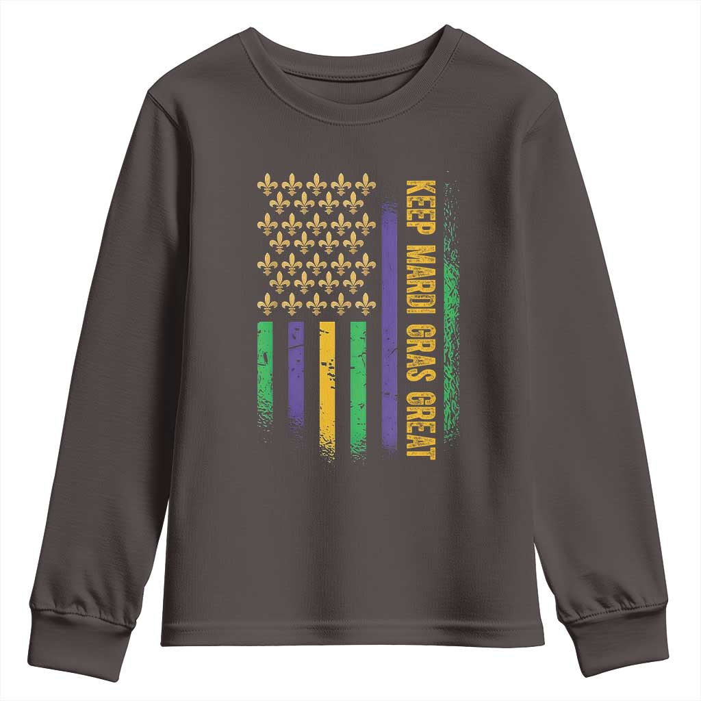 Keep Mardi Gras Great Youth Sweatshirt American Flag Fleur De Lis TS09 Dark Chocolate Print Your Wear
