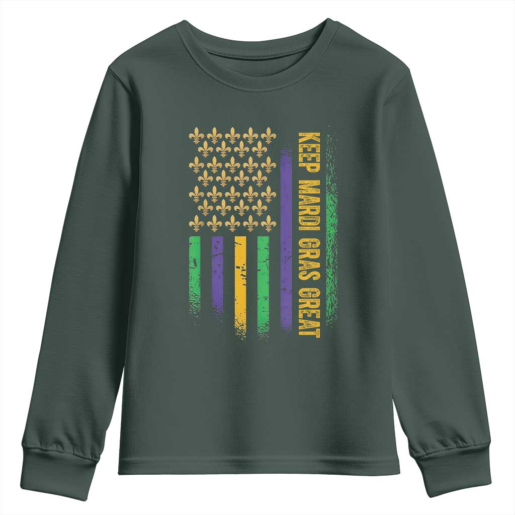 Keep Mardi Gras Great Youth Sweatshirt American Flag Fleur De Lis TS09 Dark Forest Green Print Your Wear