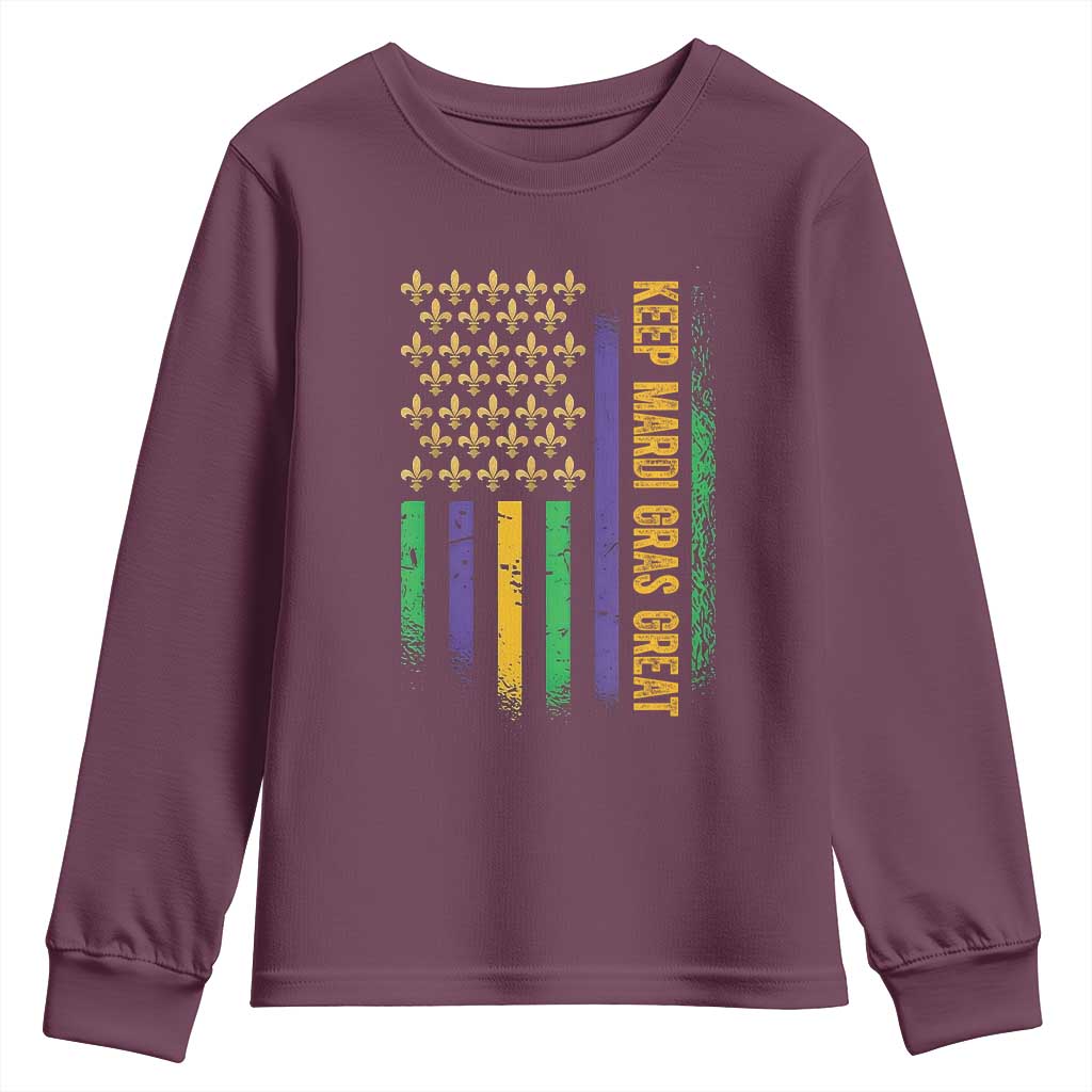 Keep Mardi Gras Great Youth Sweatshirt American Flag Fleur De Lis TS09 Maroon Print Your Wear