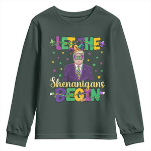 Funny Trump Mardi Gras Youth Sweatshirt Let The Shenanigans Begin TS09 Dark Forest Green Print Your Wear