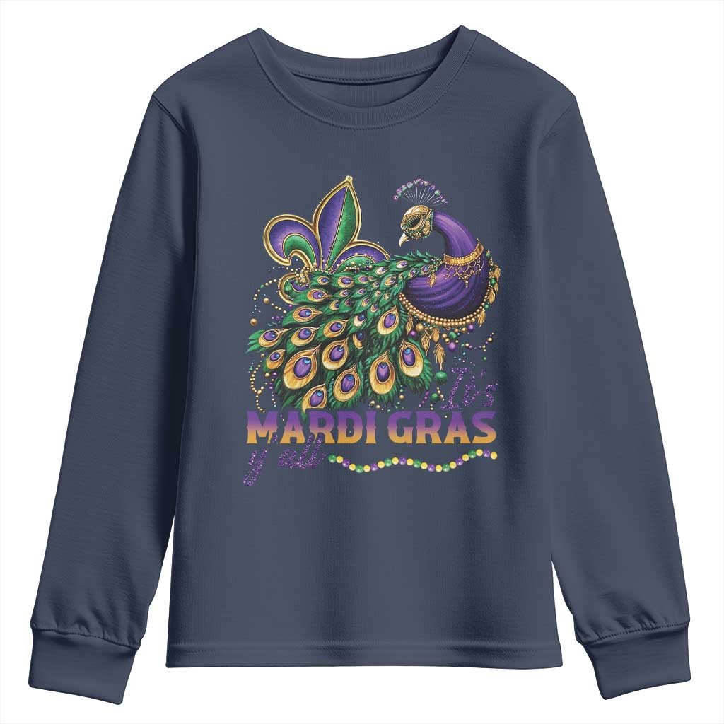 Mardi Gras Youth Sweatshirt Its Mardi Gras Y'all Peacock Costume TS09 Navy Print Your Wear