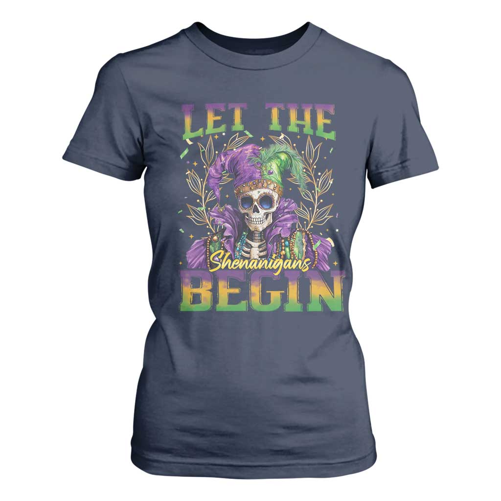 Mardi Gras T Shirt For Women Let The Shenanigans Begin Skeleton Jester Costume TS09 Navy Print Your Wear