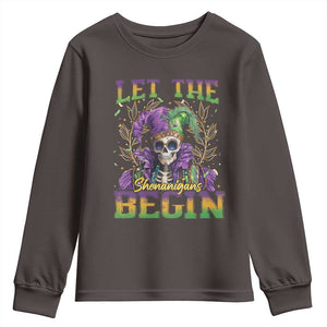 Mardi Gras Youth Sweatshirt Let The Shenanigans Begin Skeleton Jester Costume TS09 Dark Chocolate Print Your Wear