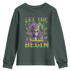 Mardi Gras Youth Sweatshirt Let The Shenanigans Begin Skeleton Jester Costume TS09 Dark Forest Green Print Your Wear