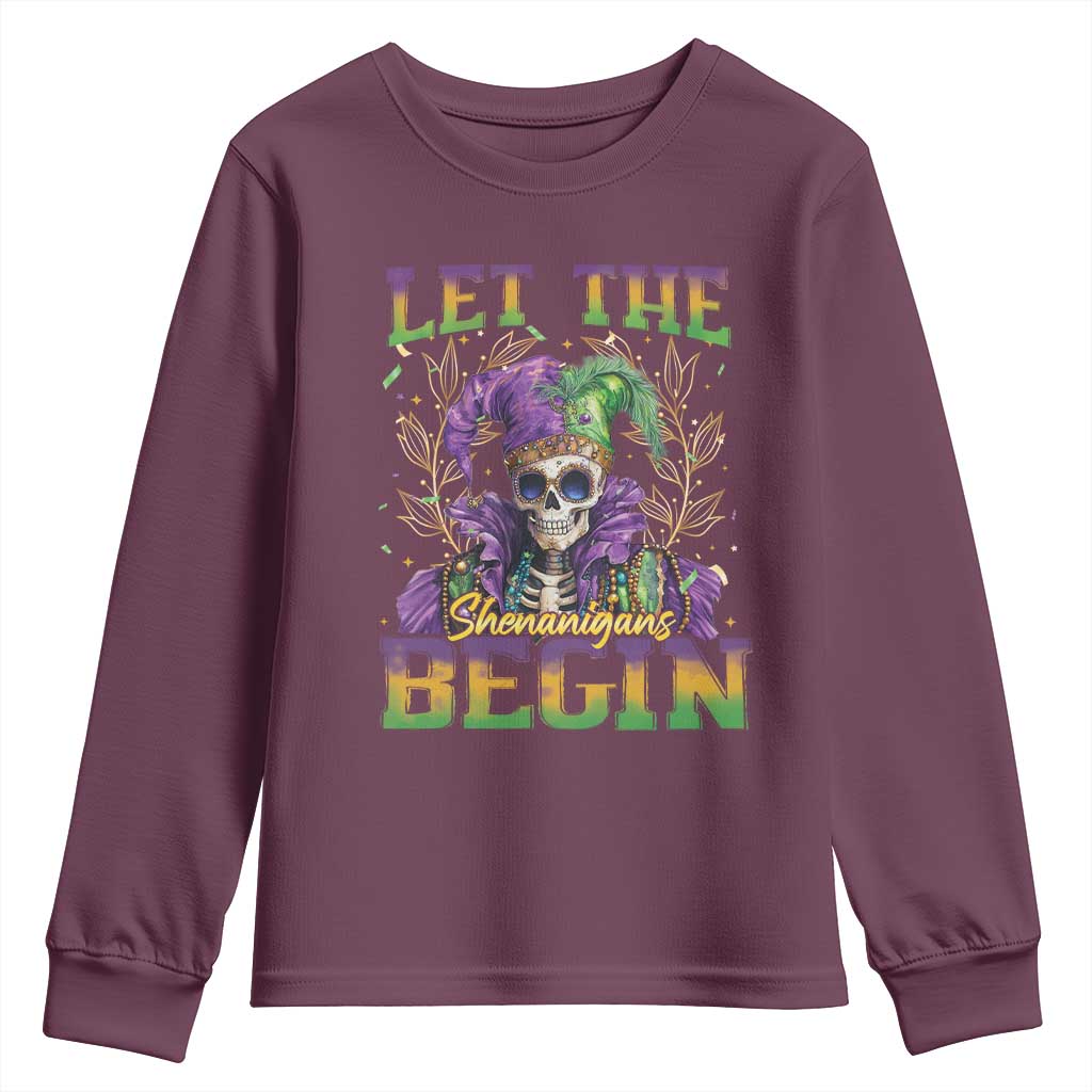 Mardi Gras Youth Sweatshirt Let The Shenanigans Begin Skeleton Jester Costume TS09 Maroon Print Your Wear