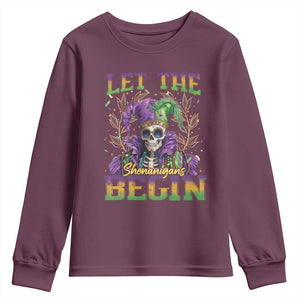 Mardi Gras Youth Sweatshirt Let The Shenanigans Begin Skeleton Jester Costume TS09 Maroon Print Your Wear