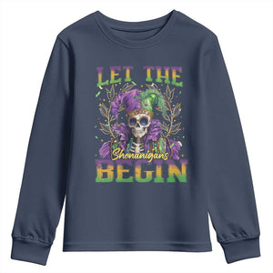 Mardi Gras Youth Sweatshirt Let The Shenanigans Begin Skeleton Jester Costume TS09 Navy Print Your Wear
