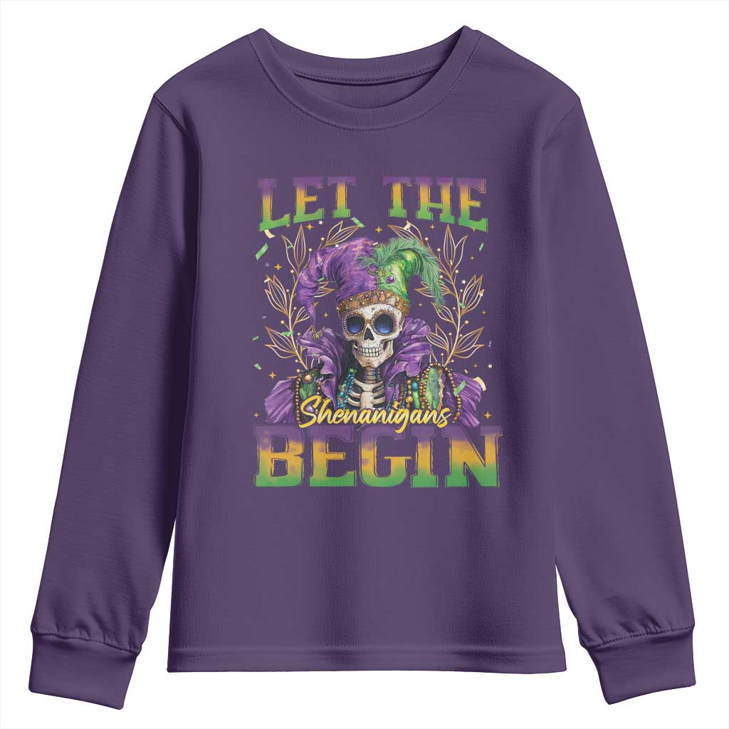 Mardi Gras Youth Sweatshirt Let The Shenanigans Begin Skeleton Jester Costume TS09 Purple Print Your Wear