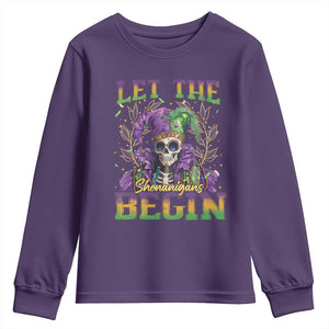 Mardi Gras Youth Sweatshirt Let The Shenanigans Begin Skeleton Jester Costume TS09 Purple Print Your Wear
