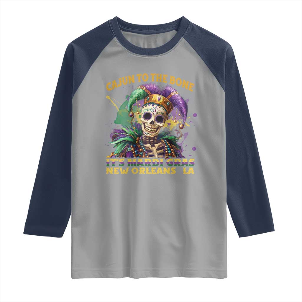 Louisiana Mardi Gras Raglan Shirt Cajun To The Bone Skeleton Jester Costume TS09 Sport Gray Navy Print Your Wear