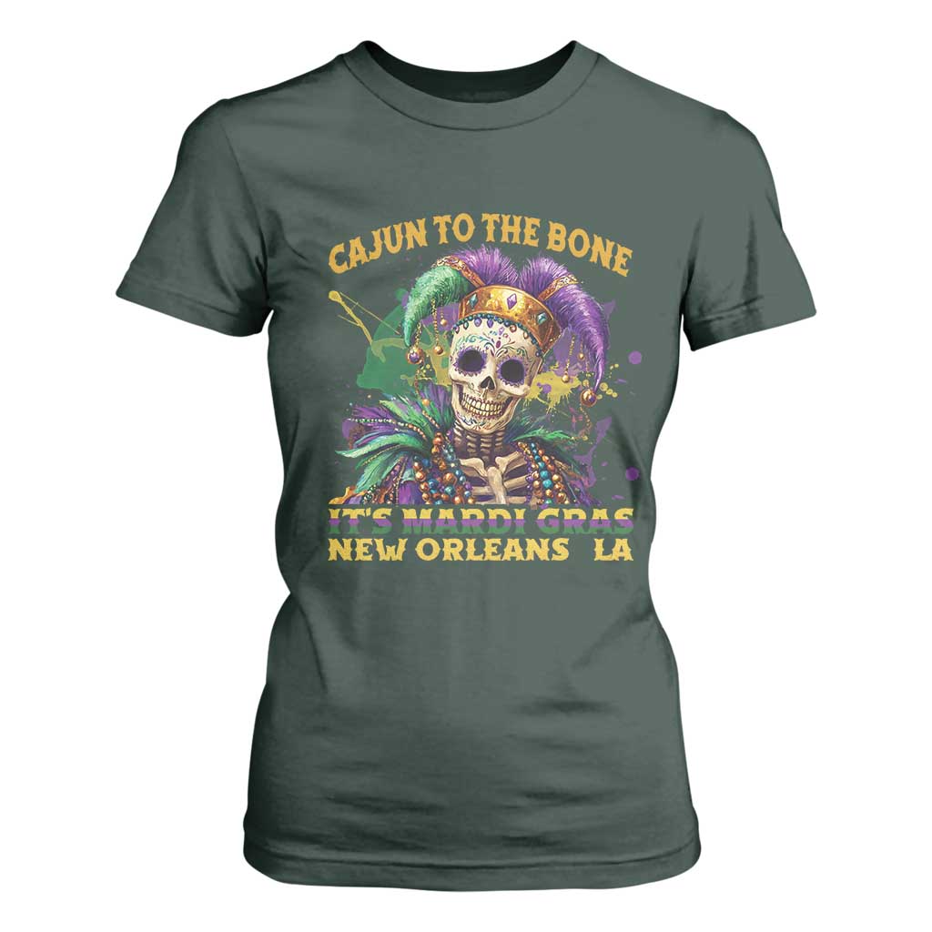 Louisiana Mardi Gras T Shirt For Women Cajun To The Bone Skeleton Jester Costume TS09 Dark Forest Green Print Your Wear