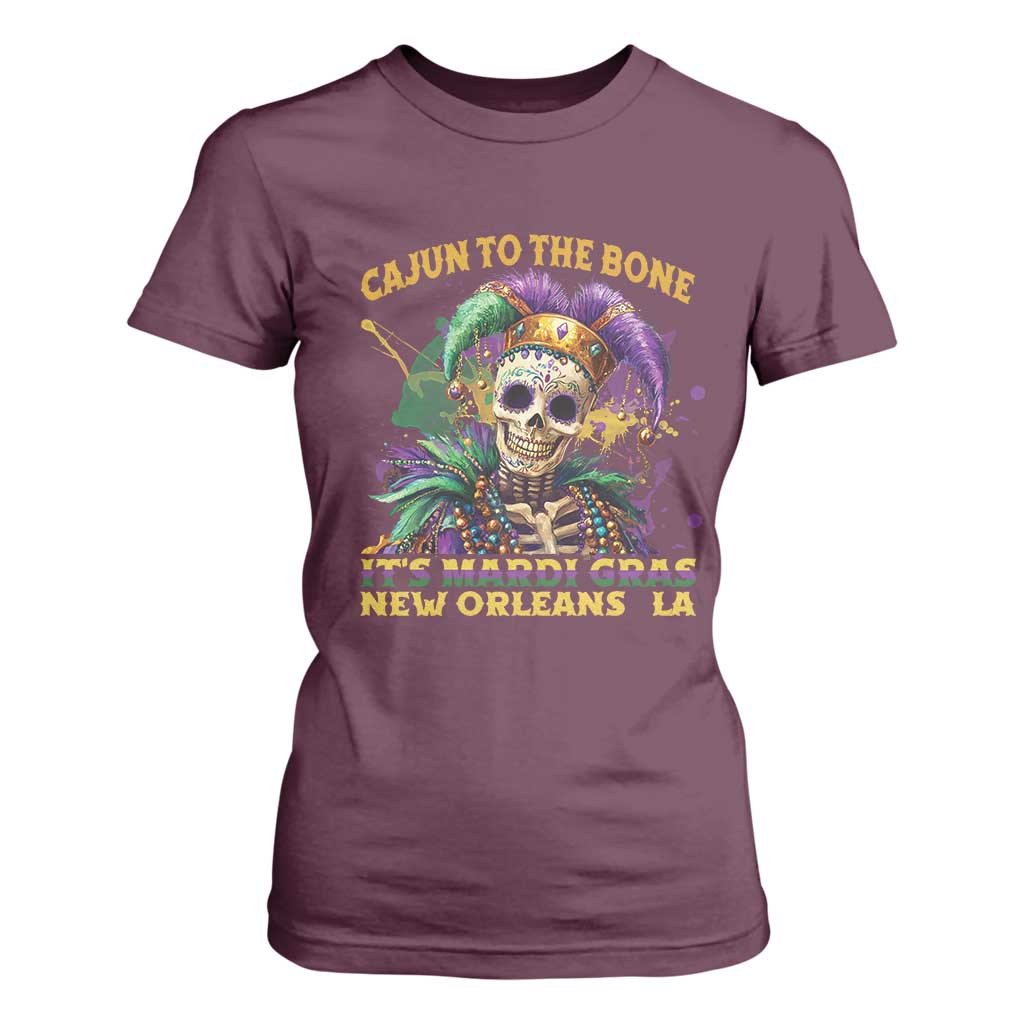 Louisiana Mardi Gras T Shirt For Women Cajun To The Bone Skeleton Jester Costume TS09 Maroon Print Your Wear