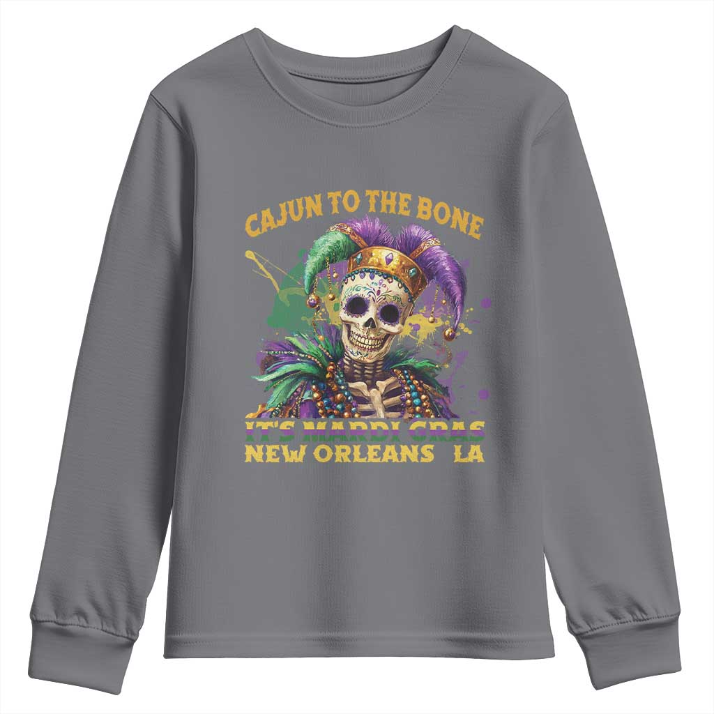 Louisiana Mardi Gras Youth Sweatshirt Cajun To The Bone Skeleton Jester Costume TS09 Charcoal Print Your Wear