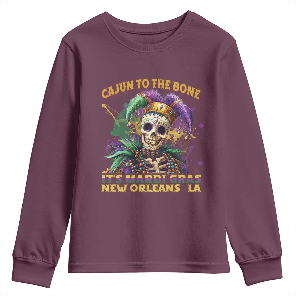 Louisiana Mardi Gras Youth Sweatshirt Cajun To The Bone Skeleton Jester Costume TS09 Maroon Print Your Wear