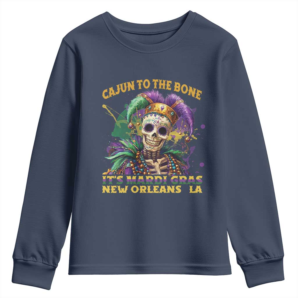 Louisiana Mardi Gras Youth Sweatshirt Cajun To The Bone Skeleton Jester Costume TS09 Navy Print Your Wear