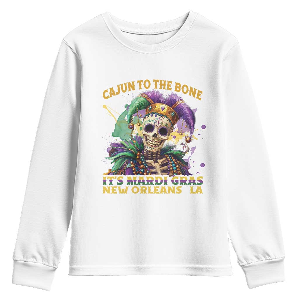 Louisiana Mardi Gras Youth Sweatshirt Cajun To The Bone Skeleton Jester Costume TS09 White Print Your Wear