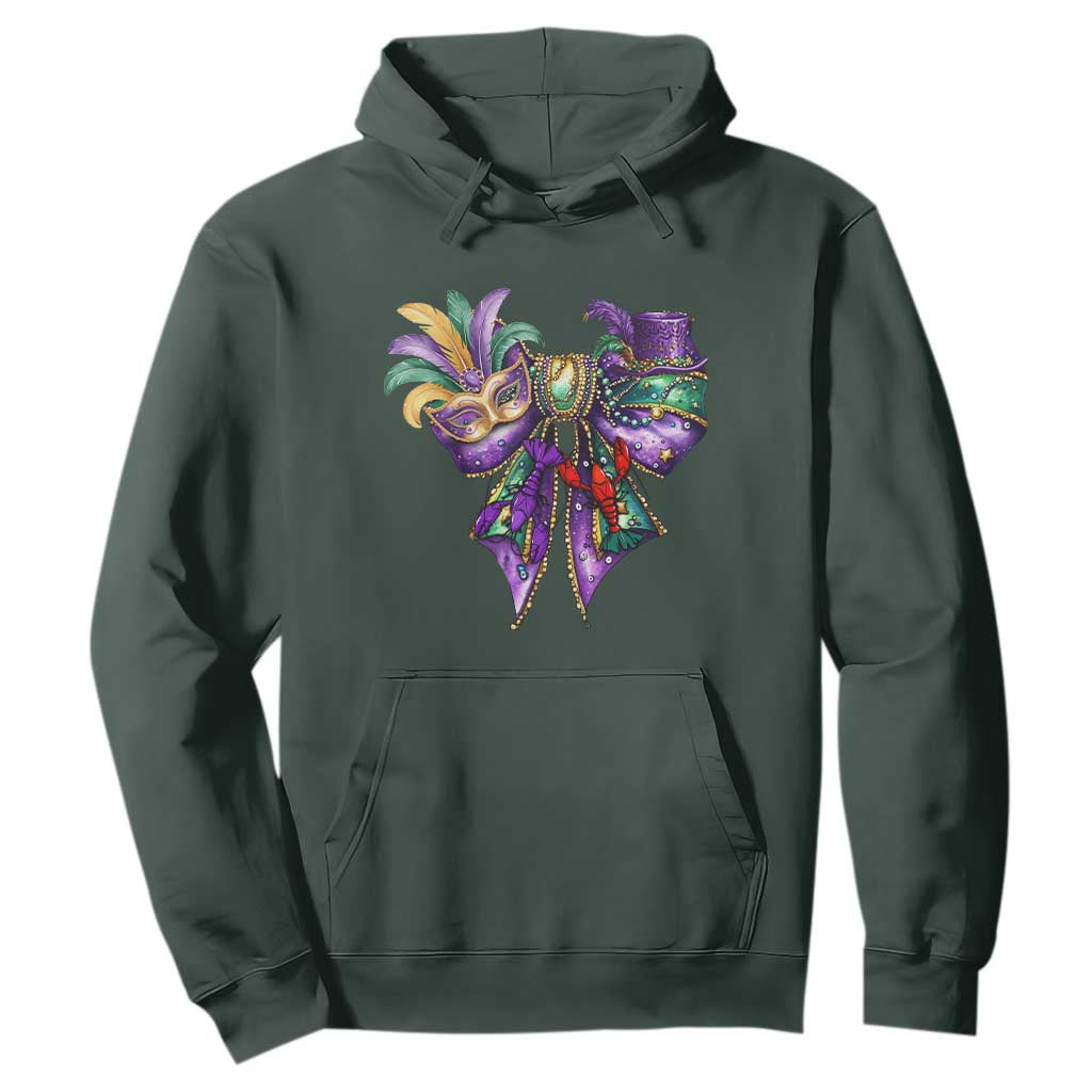 Coquette Bow Mardi Gras Hoodie New Orleans Carnival Beads Mask Crawfish TS09 Dark Forest Green Print Your Wear