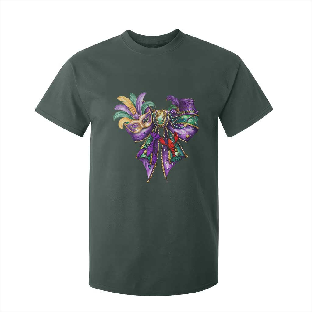 Coquette Bow Mardi Gras T Shirt For Kid New Orleans Carnival Beads Mask Crawfish TS09 Dark Forest Green Print Your Wear