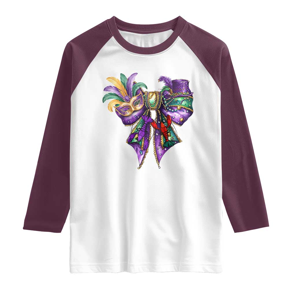 Coquette Bow Mardi Gras Raglan Shirt New Orleans Carnival Beads Mask Crawfish TS09 White Maroon Print Your Wear