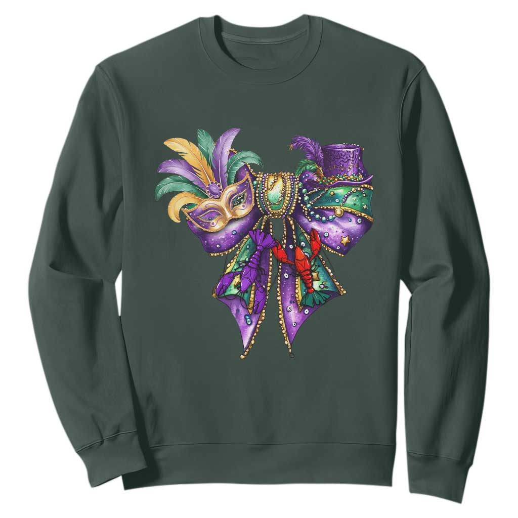 Coquette Bow Mardi Gras Sweatshirt New Orleans Carnival Beads Mask Crawfish TS09 Dark Forest Green Print Your Wear