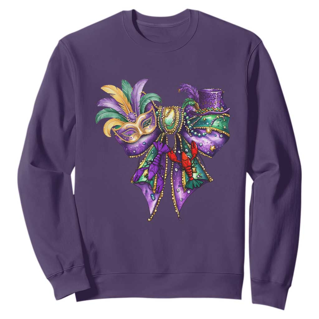 Coquette Bow Mardi Gras Sweatshirt New Orleans Carnival Beads Mask Crawfish TS09 Purple Print Your Wear