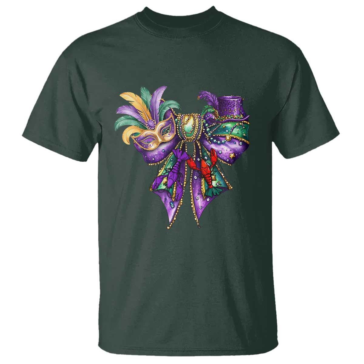Coquette Bow Mardi Gras T Shirt New Orleans Carnival Beads Mask Crawfish TS09 Dark Forest Green Print Your Wear