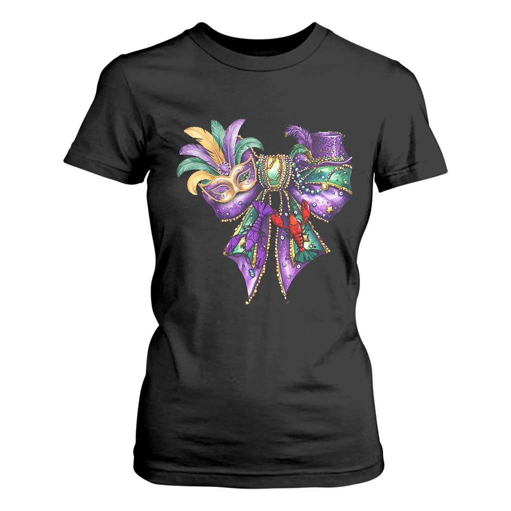 Coquette Bow Mardi Gras T Shirt For Women New Orleans Carnival Beads Mask Crawfish TS09 Black Print Your Wear