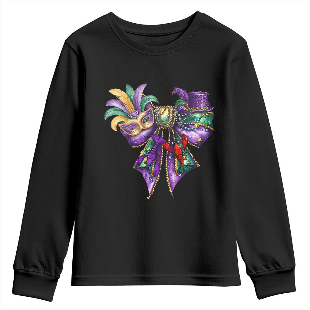 Coquette Bow Mardi Gras Youth Sweatshirt New Orleans Carnival Beads Mask Crawfish TS09 Black Print Your Wear