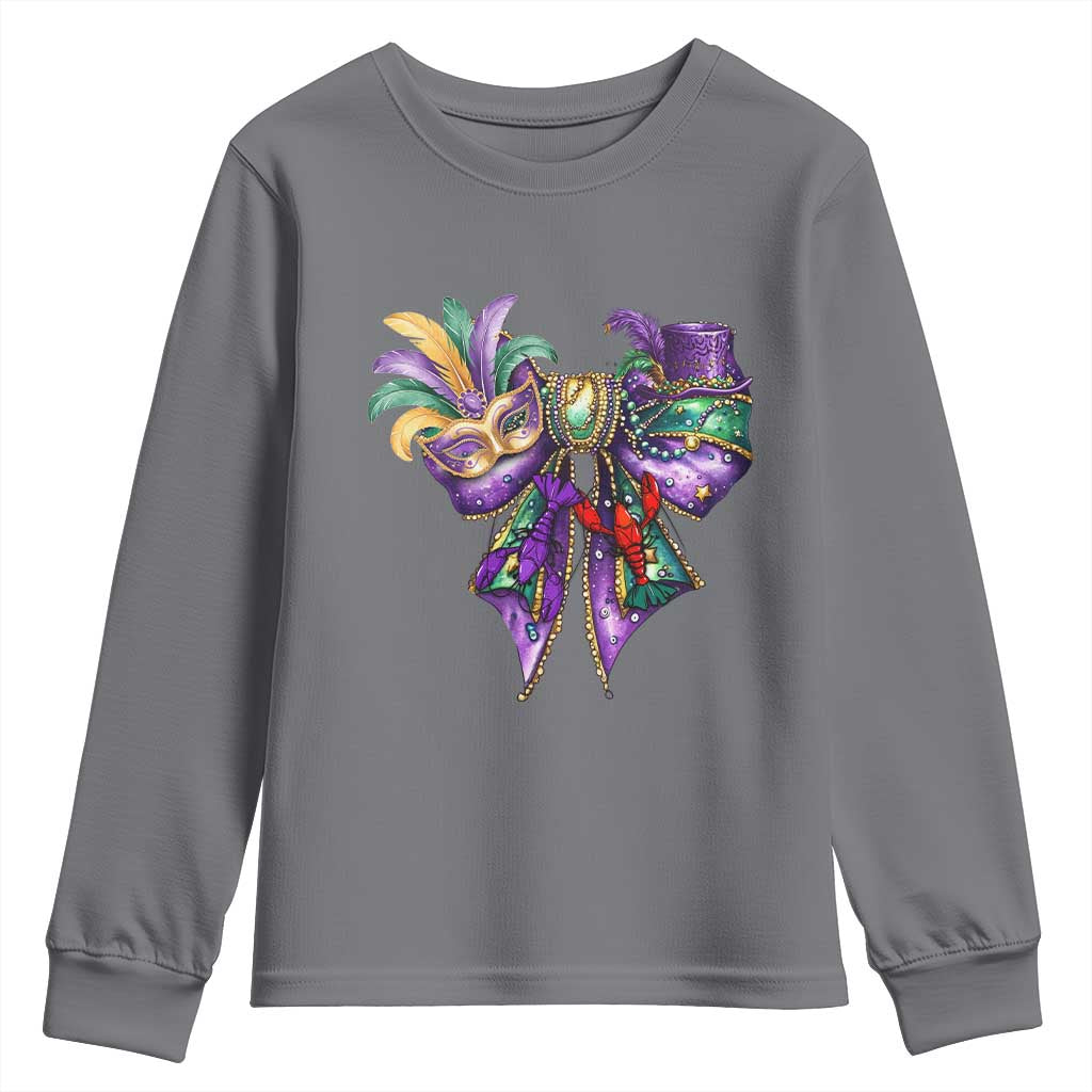 Coquette Bow Mardi Gras Youth Sweatshirt New Orleans Carnival Beads Mask Crawfish TS09 Charcoal Print Your Wear