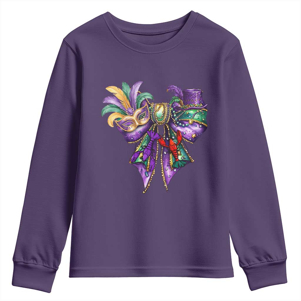 Coquette Bow Mardi Gras Youth Sweatshirt New Orleans Carnival Beads Mask Crawfish TS09 Purple Print Your Wear