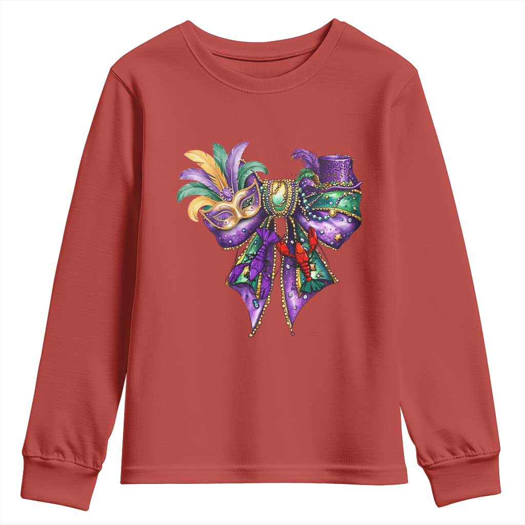 Coquette Bow Mardi Gras Youth Sweatshirt New Orleans Carnival Beads Mask Crawfish TS09 Red Print Your Wear