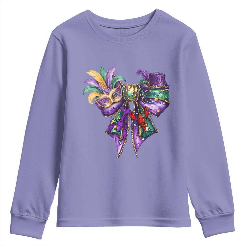 Coquette Bow Mardi Gras Youth Sweatshirt New Orleans Carnival Beads Mask Crawfish TS09 Violet Print Your Wear