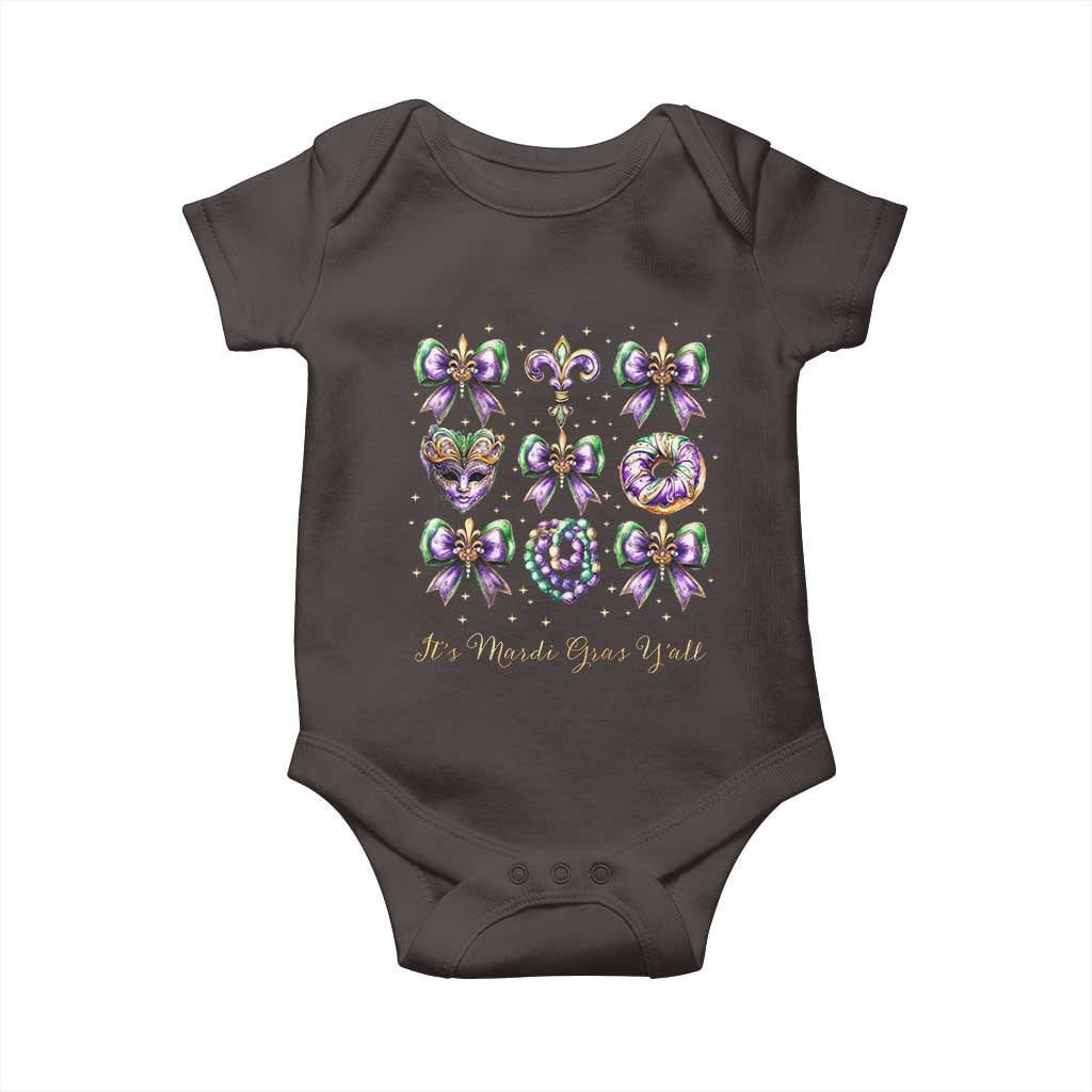 Coquette Bow Mardi Gras Baby Onesie It's Mardi Gras Y'all Fleur De Lis Mask TS09 Dark Chocolate Print Your Wear