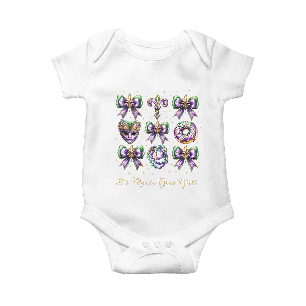 Coquette Bow Mardi Gras Baby Onesie It's Mardi Gras Y'all Fleur De Lis Mask TS09 White Print Your Wear