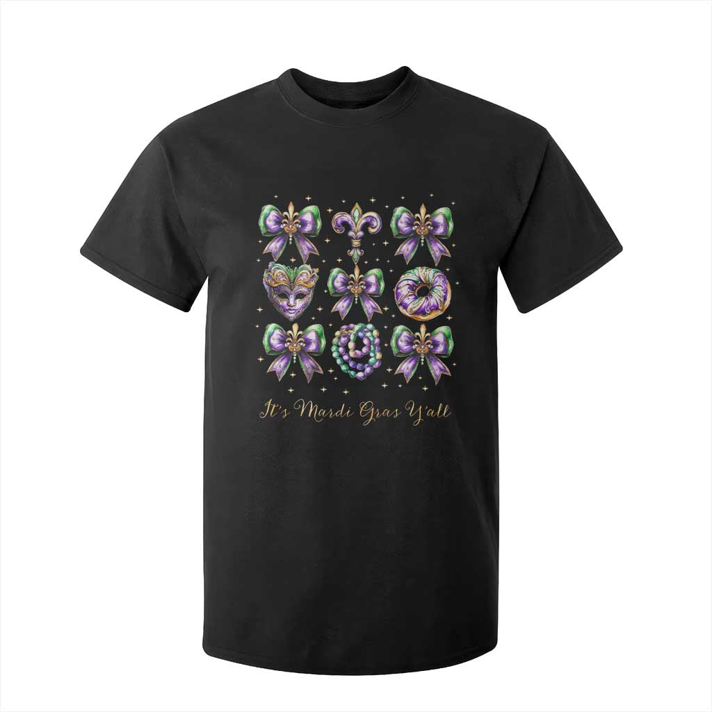 Coquette Bow Mardi Gras T Shirt For Kid It's Mardi Gras Y'all Fleur De Lis Mask TS09 Black Print Your Wear